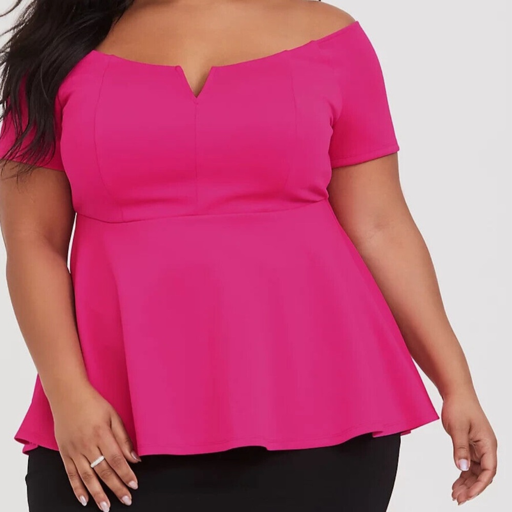 Torrid Pink Peplum Off shoulder top with small v detail